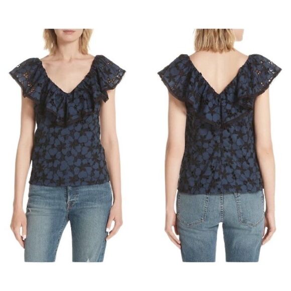 Rebecca Taylor Adriana Embroidered Ruffle Blue Blueberry Eyelet 6 - Picture 1 of 6